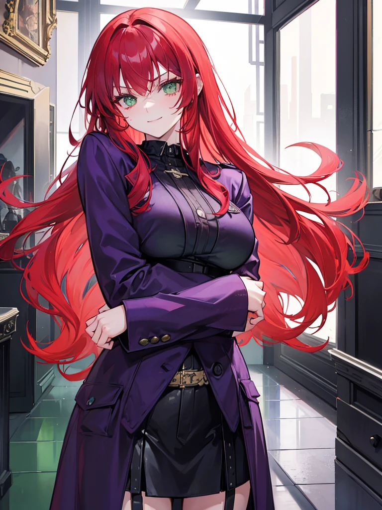 woman, green eyes, long red hair, bangs. she hair wavy. wear purple black jacket, arrogant, independent woman, thug. bad girl. intimidating women. background in mansion. kind smile. hugging her boyfriend.