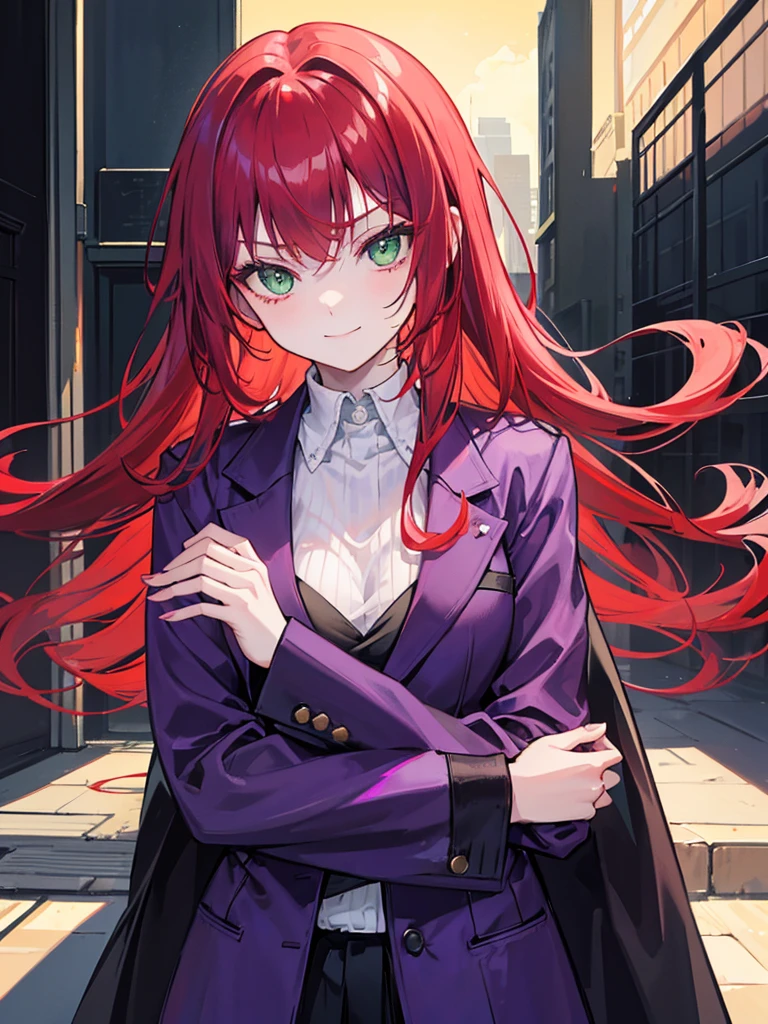 woman, green eyes, long red hair, bangs. she hair wavy. wear purple black jacket, arrogant, independent woman, thug. bad girl. intimidating women. background in mansion. kind smile.  hugging her boyfriend.
