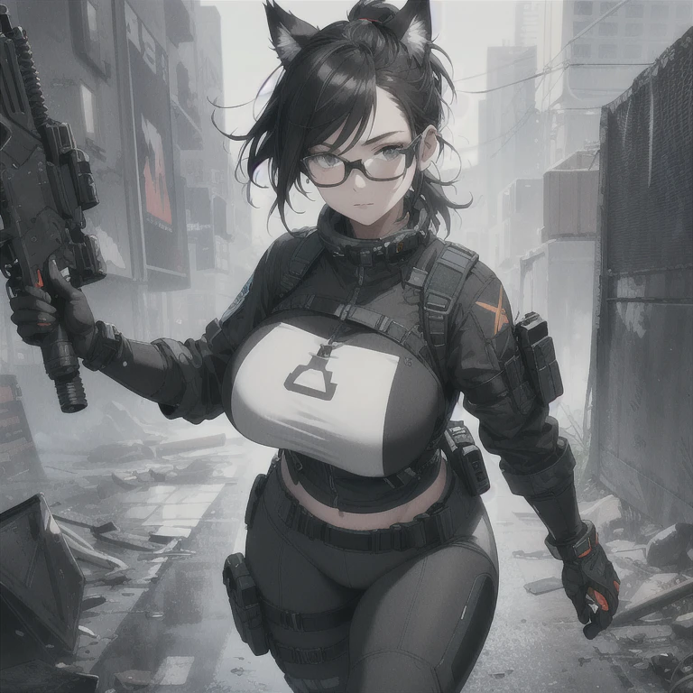 Absurd resolution, high resolution, (masterpiece: 1.4), hyper-detail, full body shot, solo, 1 kemono feline cat woman, black hair, wearing glasses with AR UI, messy ponytail, cute face, detailed soft grey eyes, huge massive hyper super swollen breasts that cover her whole torso and are bigger than her head while being so big they reach her belly button, extremely large bust, wide full hips, narrower torso and shoulders, smaller torso, full thicc big soft thighs, big rounded full soft butt, ruggedized utility styled outfit, full body outfit coverage with no skin showing or revealed, weather-proof durable clothing material, monochrome black and grey fullbody covering protective padding pilot rugged utility suit with white chest, scifi padded rugged high collar techwear jacket, white and black triangular decals and techwear iconography on apparel and clothing, techwear gloves, arm mounted strapped display scifi tablet/communication device/computer, rugged tablet display mounted on MOLLE strap on top of her bust, ruggedized computer tablet mounted above her breasts, screen display mounted on top of her chest, ruggedized tech, ruggedized tech aesthetic, fitted utility pants, utility chaps, near future scifi, cyberpunk aesthetic, anime aesthetic, Death stranding style, halo style, The Division Style, ghost recon style