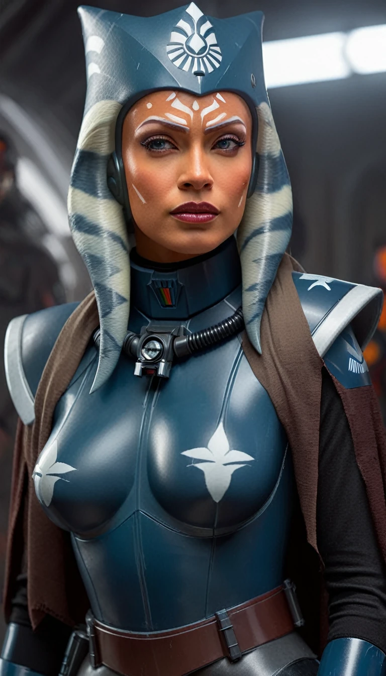 A beautiful sexy woman, ahsoka, skin tight latex, dressed as latex imperial officer, (detailed realistic,4k,8k,highres,masterpiece:1.2),ultra-detailed,(realistic,photorealistic,photo-realistic:1.37),HDR,UHD,studio lighting,ultra-fine painting,sharp focus,physically-based rendering,extreme detail description,professional,vivid colors,bokeh,portrait,sci-fi,dramatic lighting,chiaroscuro,cinematic,moody