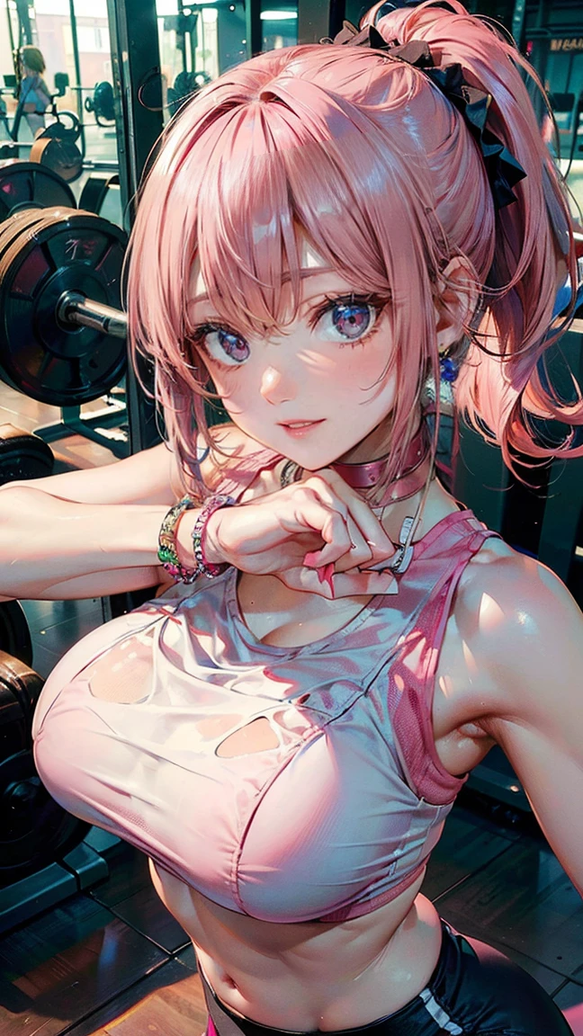 (Masterpiece, BestQuality:1.3), (ultra detailed:1.2), (hyperrealistic:1.3), (RAW photo:1.2), High detail RAW color photo, professional photograph, (Photorealistic:1.4), (realistic:1.4), (Pink Hair:1.5), professional lighting, perfect anatomy, (Big Breasts:1.2), (blush, detailed face), (A happy smile:1.7), Trending Hair&Trending Hairカラーをランダムに, earrings, necklace, bracelet, sexly, erotic sexly, Random sexy gravure poses, (A woman wearing a sports bra and leggings at a fitness gym、He looks serious while doing muscle training.。Ponytail hairstyle。:1.3)