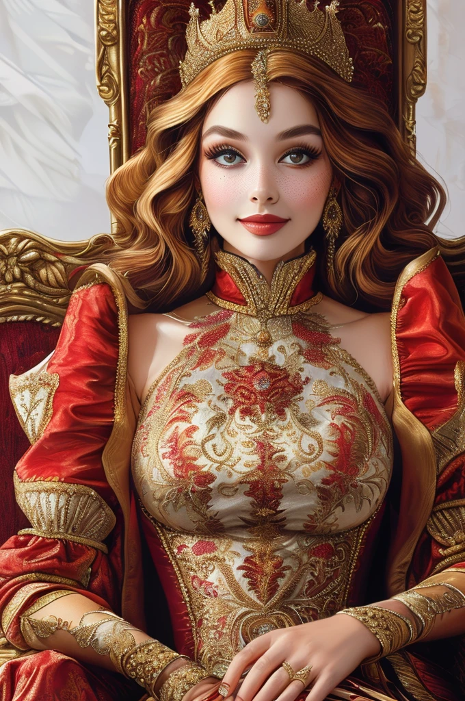 A beautiful queen, extremely beautiful girl, very luxurious, royal clothes, sitting on a carefully detailed sofa, clothes with very complex and luxurious details, sitting at a 25 degree angle, eyes centered on the camera, complex facial features, showing facial features and skin pores, innocent smile, wide eyes, Half body, showing the upper half of the body, Very luxurious queen clothes, Embroidered clothes with very luxurious details, Super beautiful queen, Queen's luxury clothes, Crown studded with gold, Luxurious crown, A very luxurious queen's robe,