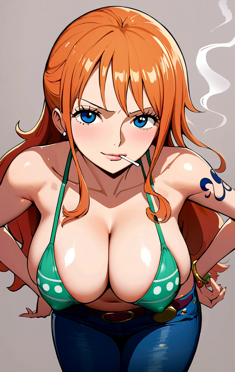 a cartoon picture of a woman in a bikini top and jeans, nami one piece, nami from one piece, nami, beautiful portrait of nami, from one piece, oppai, blue eyes, smoking, ponytail, nsfw