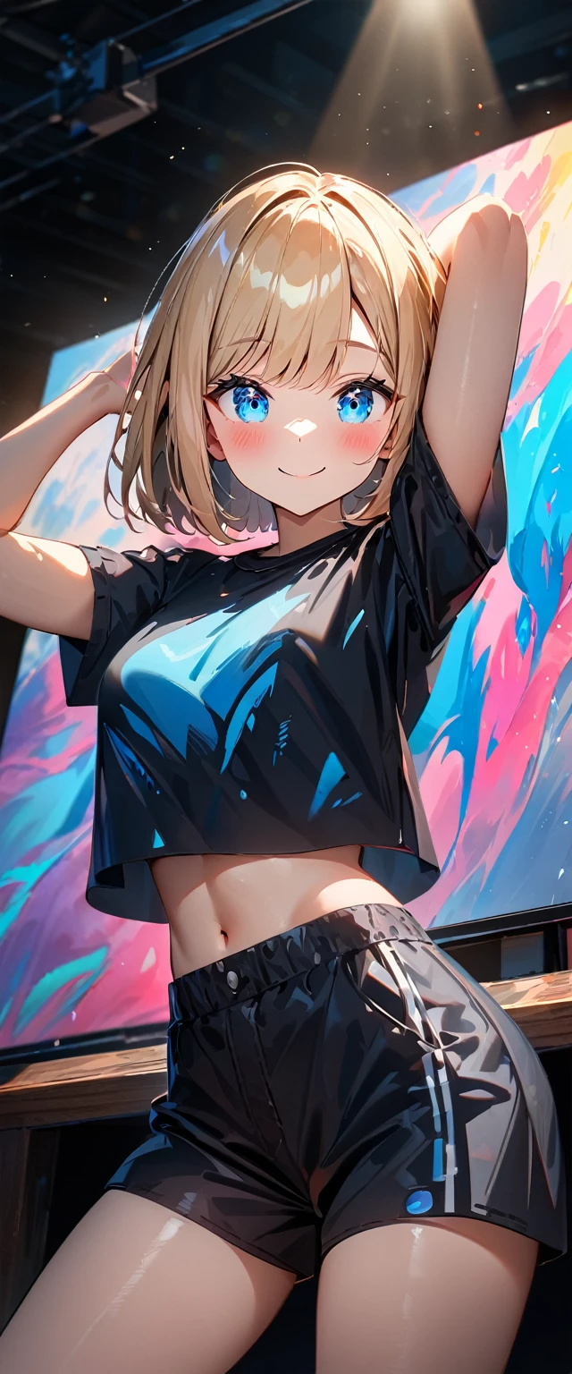 (((One girl))), beach, blond hair, bob cut, breasts, from front, (cowboy shot), glamor, (looking at viewer), ((black shorts)), ((black crop top overhang)), short sleeves, Casual Stance, ((sunglass)), arms up, midriff peek, teenager, head tilt:1.3, (((blue eye))), ((happy smile)), ((sleeves past wrists)), anime style, (best quality, 4k, 8k, highres, masterpiece:1.2, ultra-detailed, ultra-detailed eyes, HDR, UHD, studio lighting, ultra-fine painting, sharp focus, physically-based rendering, extreme detail description, professional, vivid colors, bokeh), ((Highest quality, Best image quality, Ultra-high resolution, Ultra-high resolution, solo, Strong eye highlights)), Depth of written boundary, Natural soft light, attractive, Beautiful Face, Cleanliness, Pure Face, nedium chest, Beautiful Face, Perfect Fingers, Perfect hands, Perfect body, Perfect Face, Shine a light into your eyes, Perfect Anatomy