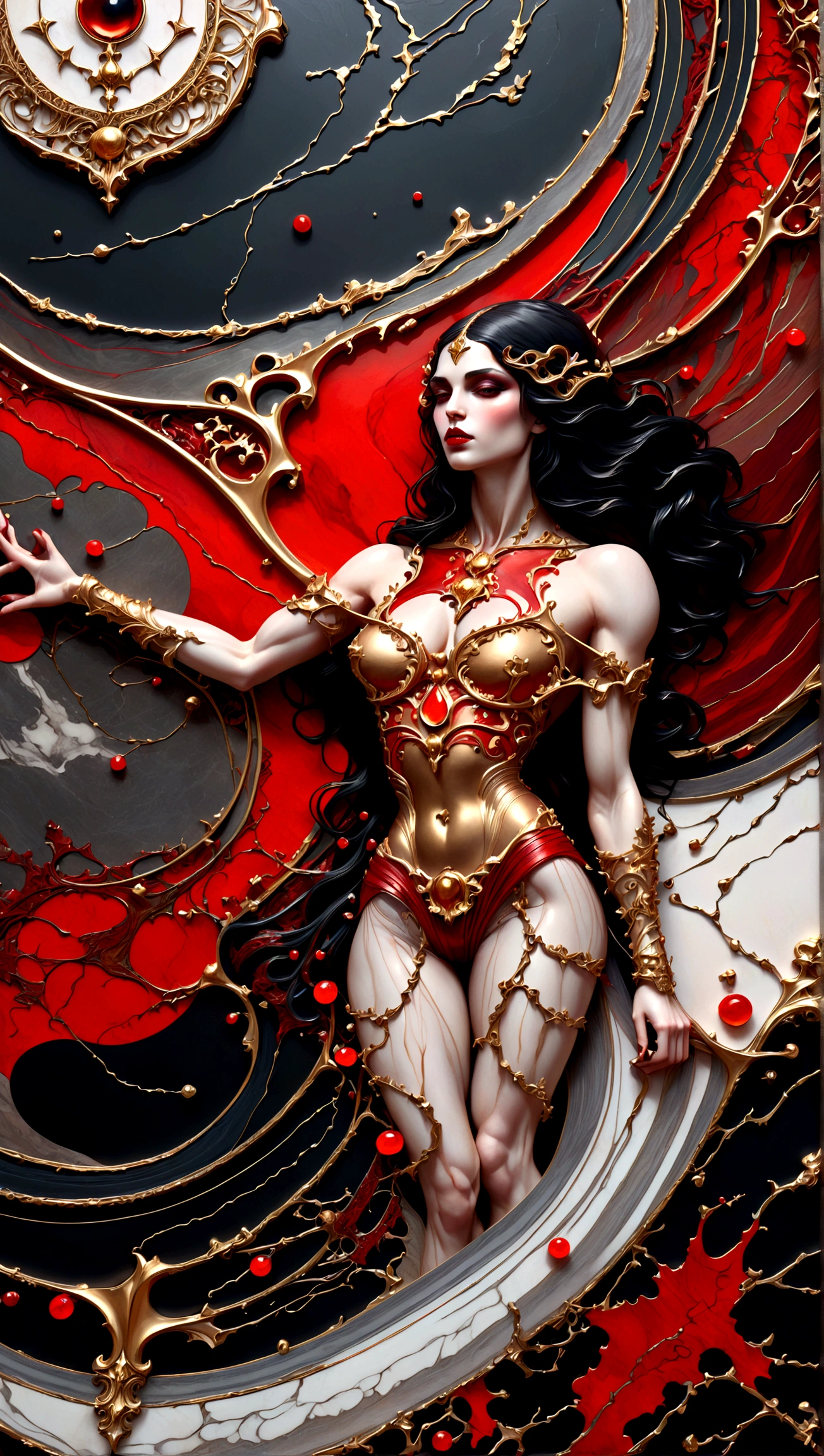 a beautiful illustration of a very muscular vampire girl in an abstract marble texture with a tarot style frame, with colors of obsidian black, shiny gold, and ruby red, highly detailed, intricate design, BY Anne Bachelier,