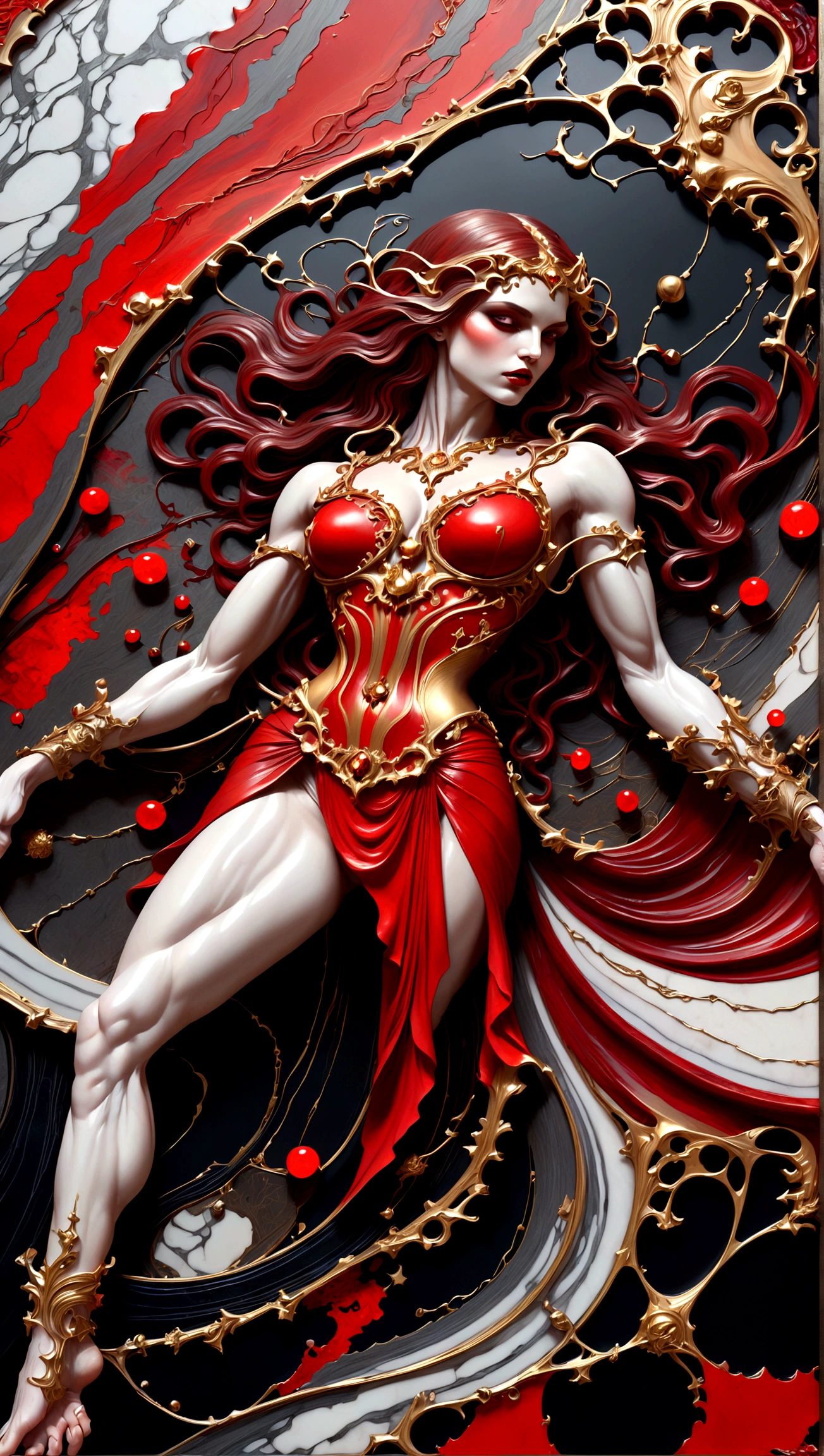 a beautiful illustration of a very muscular vampire girl in an abstract marble texture with a tarot style frame, with colors of obsidian black, shiny gold, and ruby red, highly detailed, intricate design, BY Anne Bachelier,