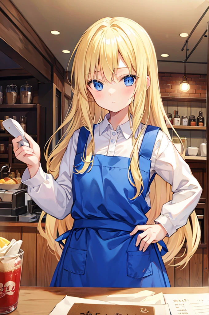 Blonde、Long Hair、blue eyes、Honor student、cute、、I work in a cafe、Wearing an apron