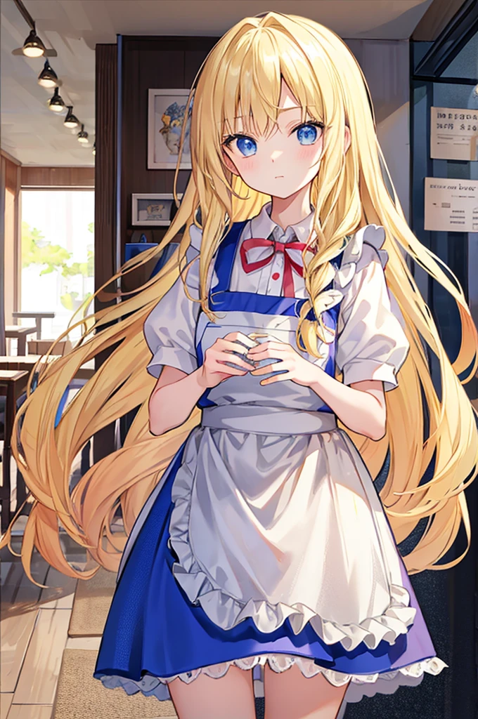 Blonde、Long Hair、blue eyes、Honor student、cute、13 years old、I work in a cafe、Wearing an apron