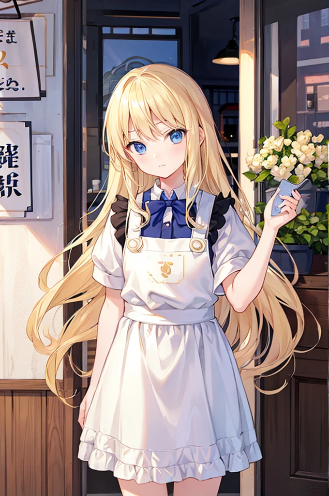 Blonde、Long Hair、blue eyes、Honor student、cute、13 years old、I work in a cafe、Wearing an apron