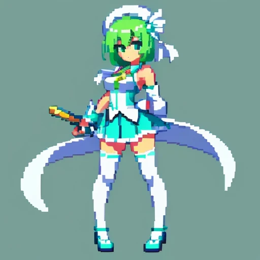 Pixel art、whole body、Left facing（important）、Small breasts、A light mint green color that is almost white, and white、Bow-legged、Hold two swords in each hand、Sword of light in right hand、Dark sword in left hand、Crossdresser、Magical girl、beret、Short Bob Hair、A loose scarf is wrapped around the neck。hair color：Soft、Light mint green hair, almost white。Eye color：Green Eyes。Costume：白とライトグリーンを基調としたMagical girlのCostume。She is wearing a petal-like mini slit skirt.。