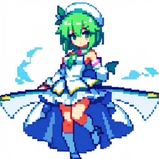 Pixel art、whole body、Left facing（important）、Small breasts、A light mint green color that is almost white, and white、Bow-legged、Hold two swords in each hand、Sword of light in right hand、Dark sword in left hand、Crossdresser、Magical girl、beret、Short Bob Hair、A loose scarf is wrapped around the neck。hair color：Soft、Light mint green hair, almost white。Eye color：Green Eyes。Costume：白とライトグリーンを基調としたMagical girlのCostume。She is wearing a petal-like mini slit skirt.。