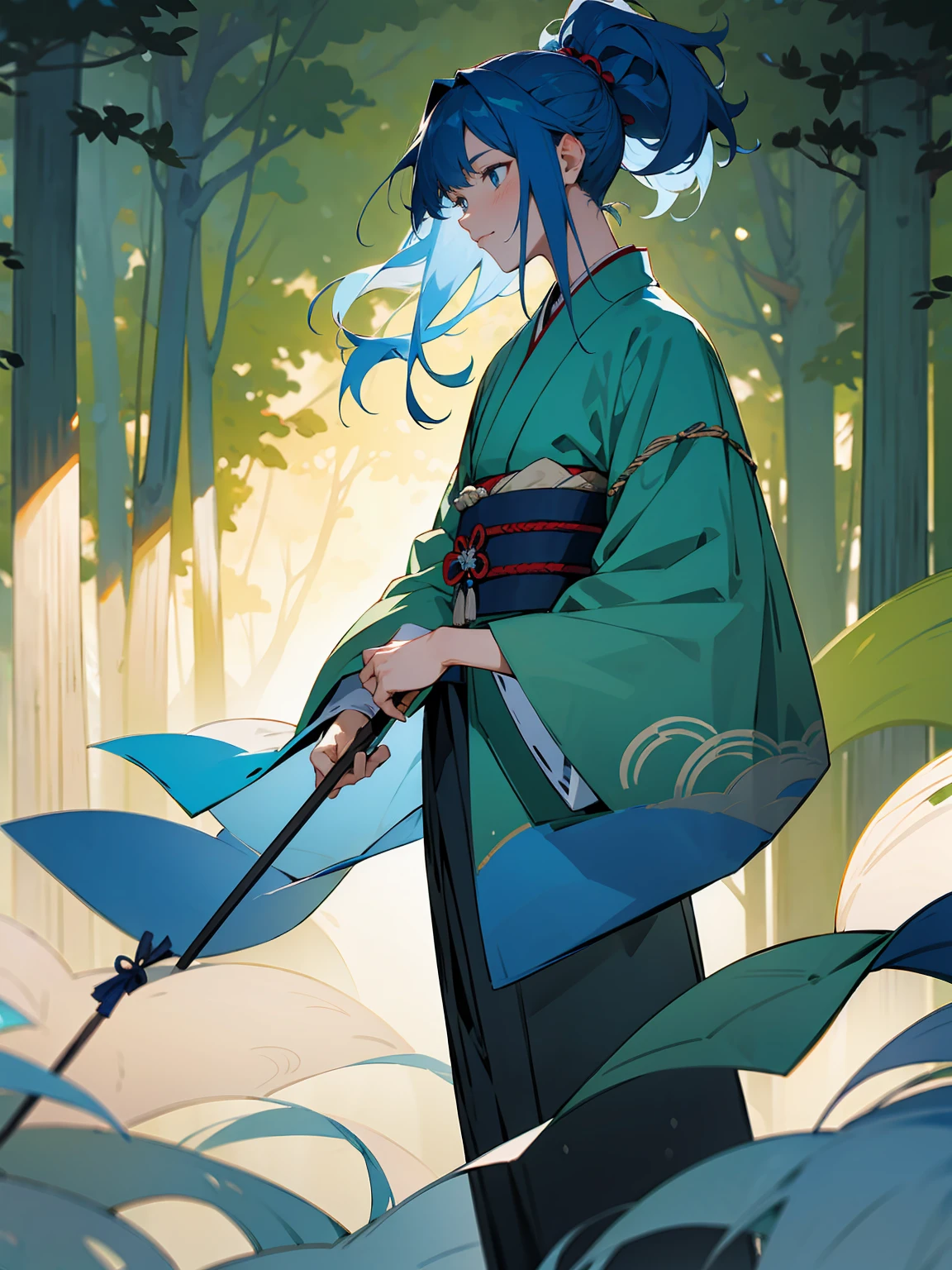 1male, Adult, Deep Blue Hair, Medium Length Hair, White Inner Hair, Ponytail, Short Blue Haori, Green Face Mark, Forest Background, Standing in Forest, Traditional Japanese Clothing