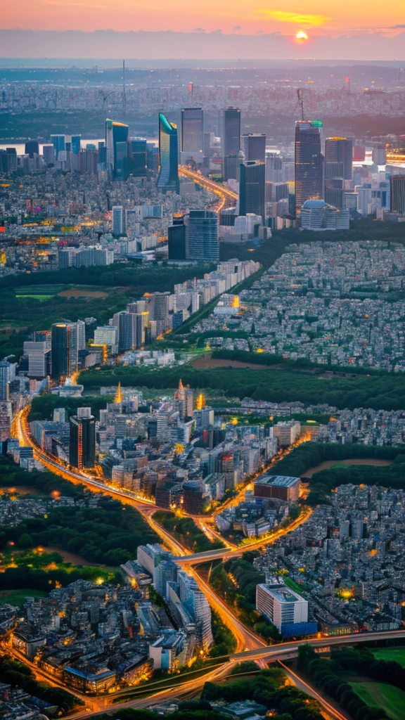 a view of a city with tall buildings and a green park, a picture by Naondo Nakamura, unsplash, sōsaku hanga, tokyo japan, arafed view of a field of flowers with a sunset in the background, floral sunset, warm beautiful scene, beautiful sunrise, flowers sea everywhere, sunset warm spring, beautiful sunset, magnificent background, vibrant sunrise, beautiful sunset glow, breathtaking landscape, stunning sunset, field of flowers, at sunrise in springtime, sunset glow, beautiful sunrise lighting, flower field, sunset sunrise tokyo city, tokyo city in the background, tokio, tokyo, japanese city, tokyo prefecture, new tokyo, aerial view of a city, tokyo in the background, bird's eye view of a city