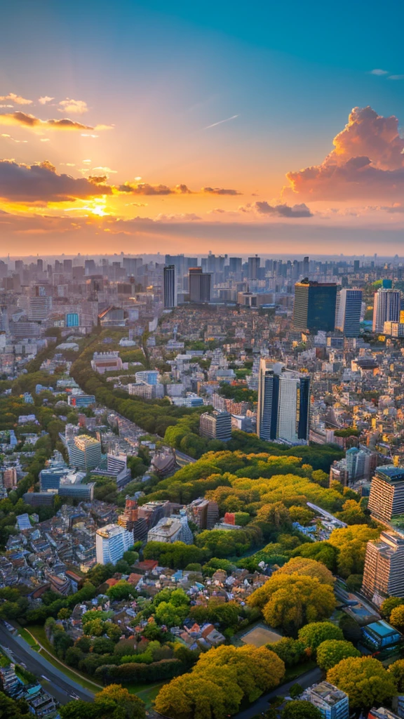 a view of a city with tall buildings and a green park, a picture by Naondo Nakamura, unsplash, sōsaku hanga, tokyo japan, arafed view of a field of flowers with a sunset in the background, floral sunset, warm beautiful scene, beautiful sunrise, flowers sea everywhere, sunset warm spring, beautiful sunset, magnificent background, vibrant sunrise, beautiful sunset glow, breathtaking landscape, stunning sunset, field of flowers, at sunrise in springtime, sunset glow, beautiful sunrise lighting, flower field, sunset sunrise tokyo city, tokyo city in the background, tokio, tokyo, japanese city, tokyo prefecture, new tokyo, aerial view of a city, tokyo in the background, bird's eye view of a city