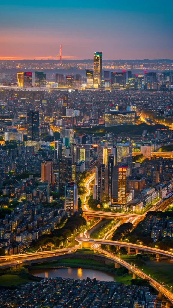 a view of a city with tall buildings and a green park, a picture by Naondo Nakamura, unsplash, sōsaku hanga, tokyo japan, arafed view of a field of flowers with a sunset in the background, floral sunset, warm beautiful scene, beautiful sunrise, flowers sea everywhere, sunset warm spring, beautiful sunset, magnificent background, vibrant sunrise, beautiful sunset glow, breathtaking landscape, stunning sunset, field of flowers, at sunrise in springtime, sunset glow, beautiful sunrise lighting, flower field, sunset sunrise tokyo city, tokyo city in the background, tokio, tokyo, japanese city, tokyo prefecture, new tokyo, aerial view of a city, tokyo in the background, bird's eye view of a city