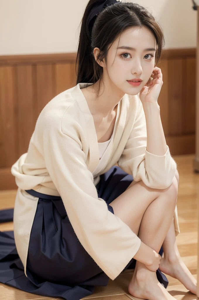 (((best quality))),(((ultra detailed))),(((masterpiece))),illustration,1girl,solo,short ponytail,slim,thin,small breasts,flat chest,white collar,white kendogi,three-quarter sleeves,maxi navy-blue kendo hakama,slender legs,standing in kendo gym,(holding a bokuto:1.3),arms behind back,focused and determined expression,ready for challenge,slender and elegant face,confident and resilient,fair skin,blush,neat teeth,bright smile,clean and tidy uniform,wooden gym floor,wall,pine scent,standard grip,ready to slice through obstacles,strong belief,determination,spirit of resilience,admiring,from front,full body,bare feet