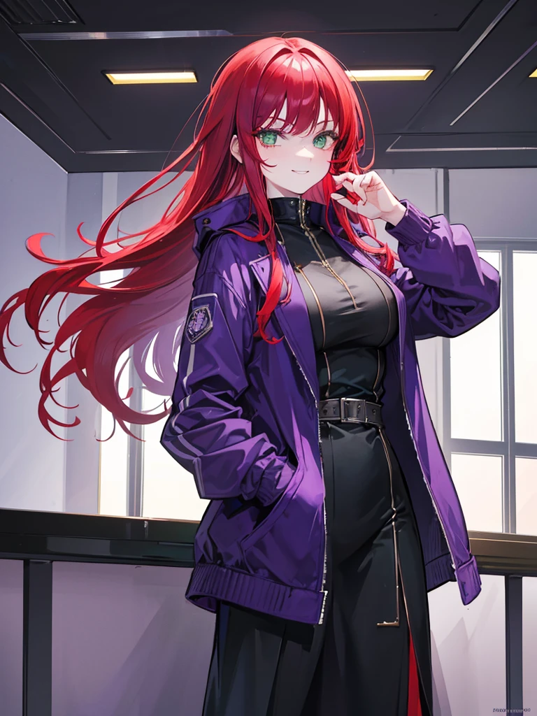 woman, green eyes, long red hair, bangs. she hair wavy. wear purple black winter jacket, arrogant, independent woman, thug. bad girl. intimidating women. background in mansion. kind smile. 
