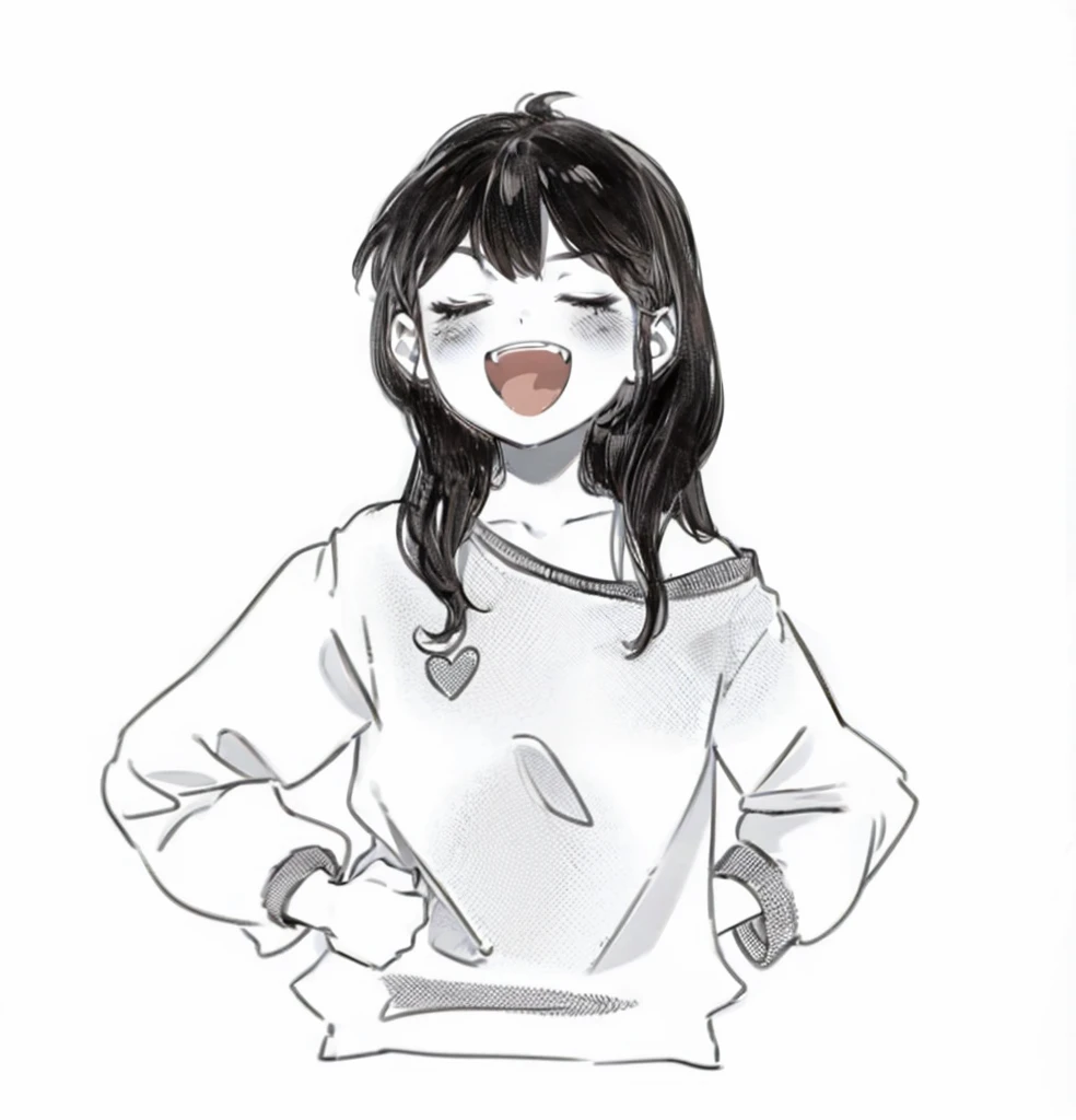 a drawing of a girl with a smile on her face, ;open mouth, she expressing joy, happy expression, with mouth open, she is laughing, exciting expression, laughing, tongue out, an anime girl, dramatic smile pose, various pose, exciting illustration, wearing casual clothes, wearing a sweater, she has a cute expressive face