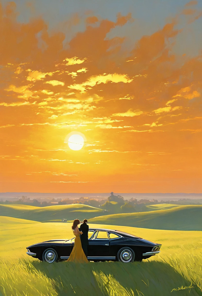 A pair of youthful lovers stand atop a sunlit hill overlooking a vast expanse of grassland, the vibrant sun casting a warm orange glow. In the distance, a sleek black JDM car adds a modern touch to the serene landscape. This picturesque scene, likely a photograph, captures the couple's idyllic moment perfectly. The man exudes youthful vitality, his tousled hair catching the sunlight, while the girl radiates a sense of gentle beauty, the wind gently tousling her flowy attire. Their body language speaks of intimacy and affection, painting a scene of young love in all its purity and innocence. Each detail is rendered with exquisite attention, from the blades of grass underfoot to the horizon stretching out into the distance, creating a visually stunning snapshot of a fleeting moment of romance.