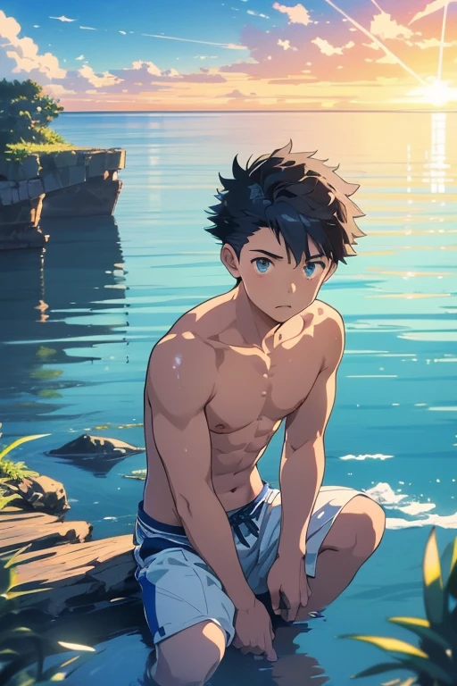 anime - along the sea, 1Boy, 20-year-old, Embarrassed look, short pants, topless, Short spiked Hair, Sweaty, Slender, Eyes Wide Open, Spread legs, makoto shinkai style, pale blue sky, pale blue sea, ultra high quality, ultra detailed, detailed face, sunset