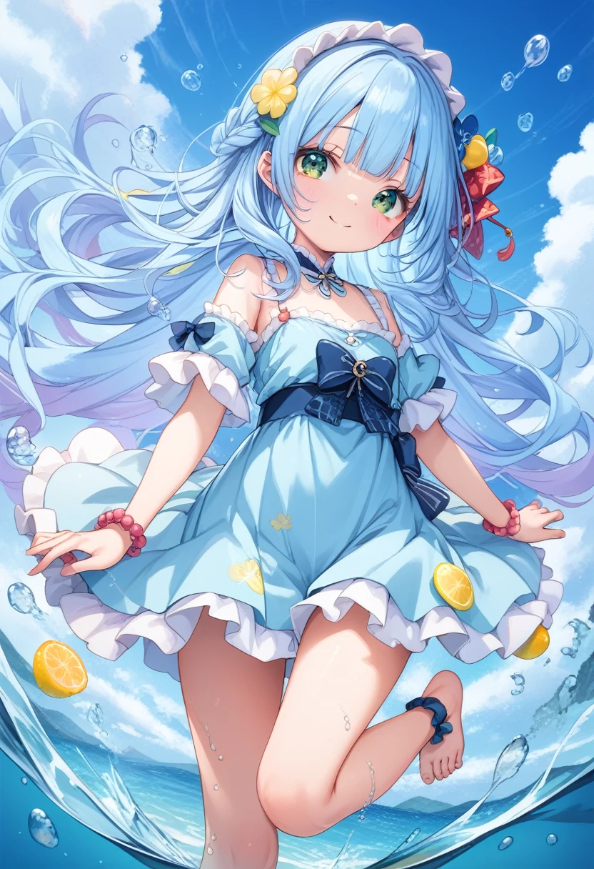 masterpiece, best quality, extremely detailed, (illustration, official art:1.1),adorable loli face、 1 girl ,(((( light blue long hair)))),pale blue hair,loli, long hair ((blush)) , cute face, big eyes, masterpiece, best quality,(((((a very delicate and beautiful girl))))),Amazing,beautiful detailed eyes,blunt bangs((((little delicate girl)))),tareme(true beautiful:1.2), sense of depth,dynamic angle,,,, affectionate smile, (true beautiful:1.2),,(tiny 1girl model:1.2),)flat chest、[(white background,:1.5):0.4],drinking glass,1girl, in cup, green eyes,long hair,tress ribbon, , soap bubbles,blue sky, rainbow eyes, midair, summer, water drop, barefoot, bangle, ankle bell, lemon blossoms, ice block,cloud background, frills,, (((lemon, )))
