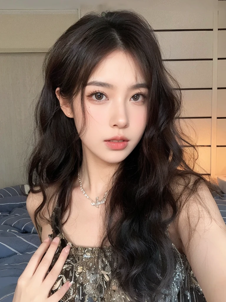 Medium length curls，Natural hair looks good，Background room bed simple and clean，Overall beautiful and natural
