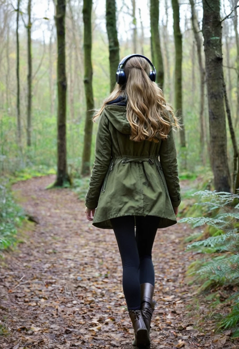 Far in the distance, a Dark blonde haired girl with very beautiful long hair down to her butt, wearing an olive green jacket, black leggings, dark brown mid calf stylish boots, wearing over the ear headphones on her head, 28 years old, only showing the view of her from behind her as she walks into the woods