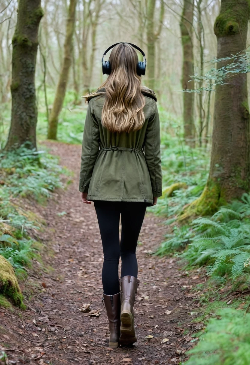 Far in the distance, a Dark blonde haired girl with very beautiful long hair down to her butt, wearing an olive green jacket, black leggings, dark brown mid calf stylish boots, wearing over the ear headphones on her head, 28 years old, only showing the view of her from behind her as she walks into the woods