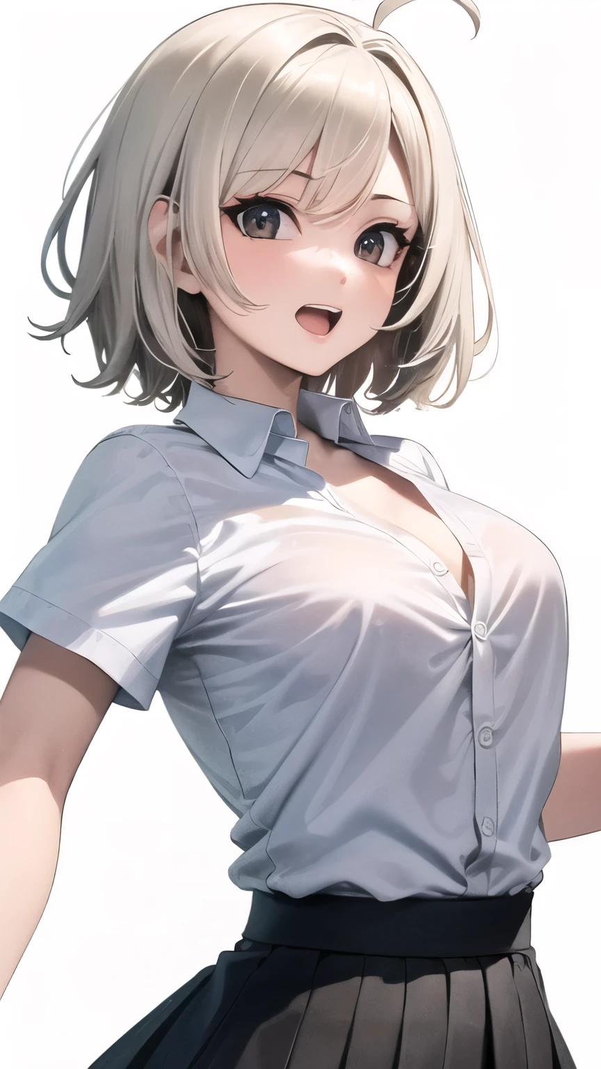 ((masterpiece, Best quality)), (1 girl), (One), (female focus), (ahoge, White hair, short hair), black eyes, A slight smile, open mouth, ((White shirt), (button up shirt), (Button Break)), ((black skirt), (Short skirt)), standing, White background, hands behind your back, dynamic angle