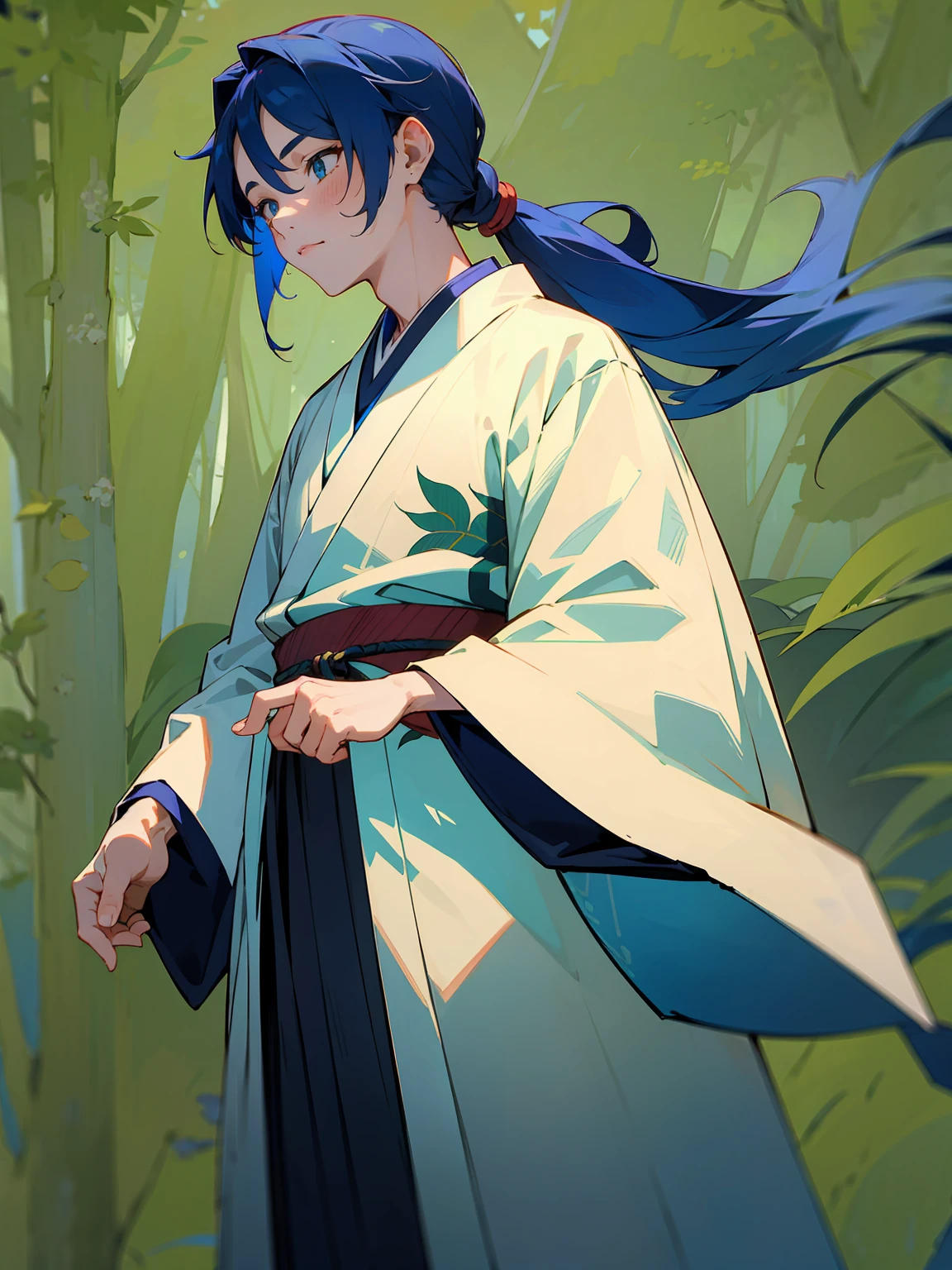 1male, Adult, Deep Blue Hair, Medium Length Hair, White Inner Hair, Ponytail, Short Blue Haori, Green Face Mark, Forest Background, Standing in Forest, Traditional Japanese Clothing