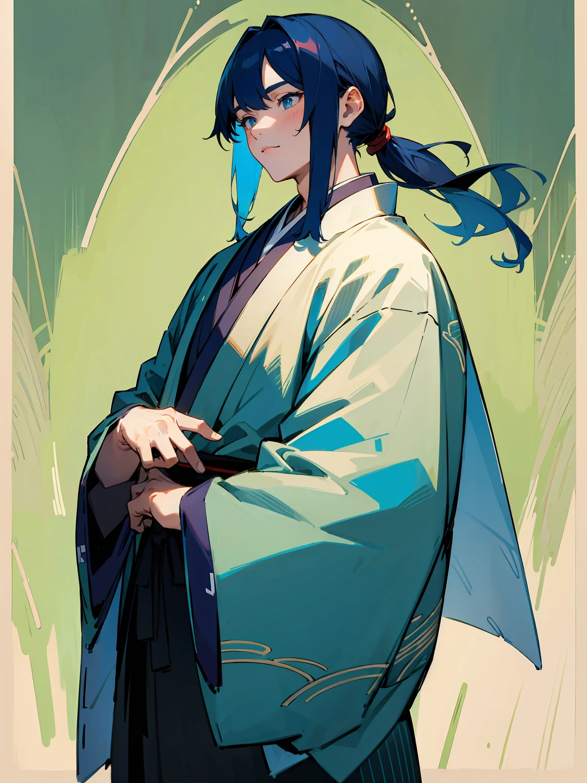 1male, Adult, Deep Blue Hair, Medium Length Hair, White Inner Hair, Ponytail, Short Blue Haori, Green Face Mark, Forest Background, Standing in Forest, Traditional Japanese Clothing