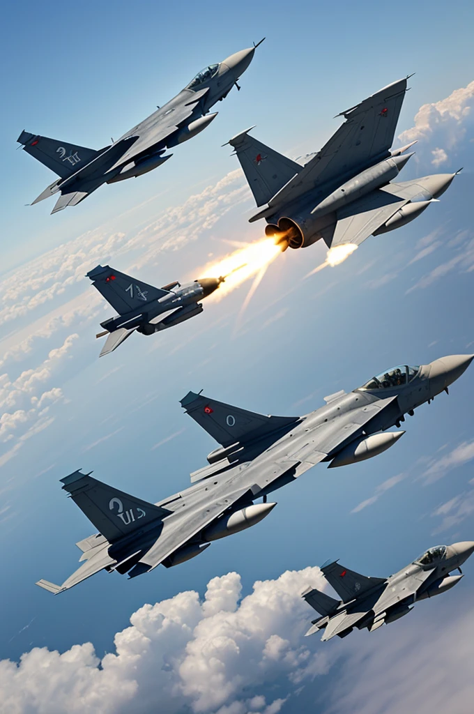 Draw a picture of large, fully armed fighter planes fighting each other.