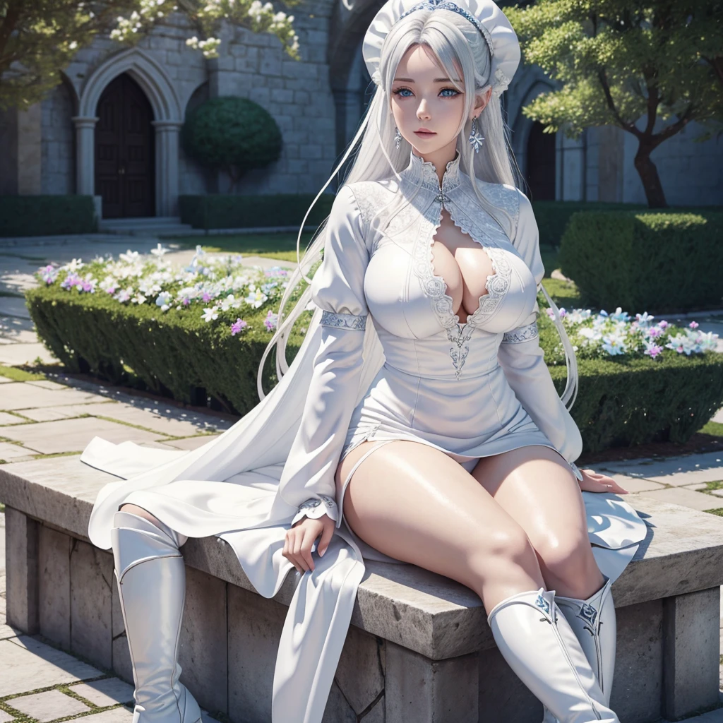 girl in a garden, beautiful detailed eyes, beautiful detailed lips, extremely detailed eyes and face, long eyelashes, white blouse with long sleeves and high collar, white cloak over the shoulders, intricate silver earrings and necklace, pointed ears, black miniskirt, black gloves, thigh-high white high-heel boots, long platinum-white hair tied in a ponytail, long hair strand framing the face, detailed blue eyes, sitting on a white marble bench under a tree, surrounded by white and blue flowers, in the courtyard of a medieval fantasy castle, hyper-realistic full figure, perfect body (wide hips) (thick thighs), photorealistic, realistically shaded perfect body, (large breasts), seductive anime girl, photorealistic render of anime girl, high quality 8k detailed art, oppai, realistic 3d anime, voluptuous body, 3d anime girl, highly detailed anime