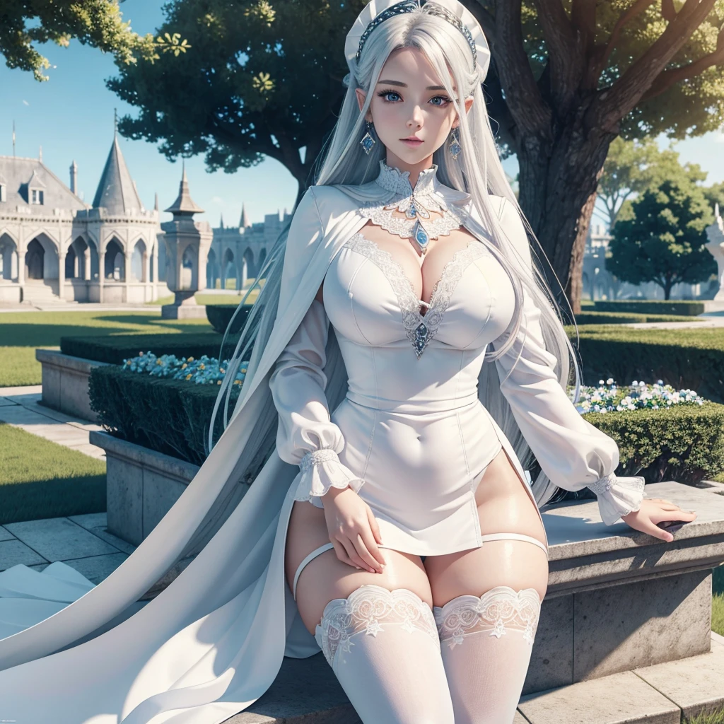 girl in a garden, beautiful detailed eyes, beautiful detailed lips, extremely detailed eyes and face, long eyelashes, white blouse with long sleeves and high collar, white cloak over the shoulders, intricate silver earrings and necklace, pointed ears, black miniskirt, black gloves, thigh-high white high-heel boots, long platinum-white hair tied in a ponytail, long hair strand framing the face, detailed blue eyes, sitting on a white marble bench under a tree, surrounded by white and blue flowers, in the courtyard of a medieval fantasy castle, hyper-realistic full figure, perfect body (wide hips) (thick thighs), photorealistic, realistically shaded perfect body, (large breasts), seductive anime girl, photorealistic render of anime girl, high quality 8k detailed art, oppai, realistic 3d anime, voluptuous body, 3d anime girl, highly detailed anime