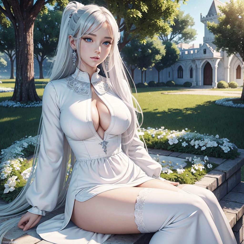 girl in a garden, beautiful detailed eyes, beautiful detailed lips, extremely detailed eyes and face, long eyelashes, white blouse with long sleeves and high collar, white cloak over the shoulders, intricate silver earrings and necklace, pointed ears, black miniskirt, black gloves, thigh-high white high-heel boots, long platinum-white hair tied in a ponytail, long hair strand framing the face, detailed blue eyes, sitting on a white marble bench under a tree, surrounded by white and blue flowers, in the courtyard of a medieval fantasy castle, hyper-realistic full figure, perfect body (wide hips) (thick thighs), photorealistic, realistically shaded perfect body, (large breasts), seductive anime girl, photorealistic render of anime girl, high quality 8k detailed art, oppai, realistic 3d anime, voluptuous body, 3d anime girl, highly detailed anime
