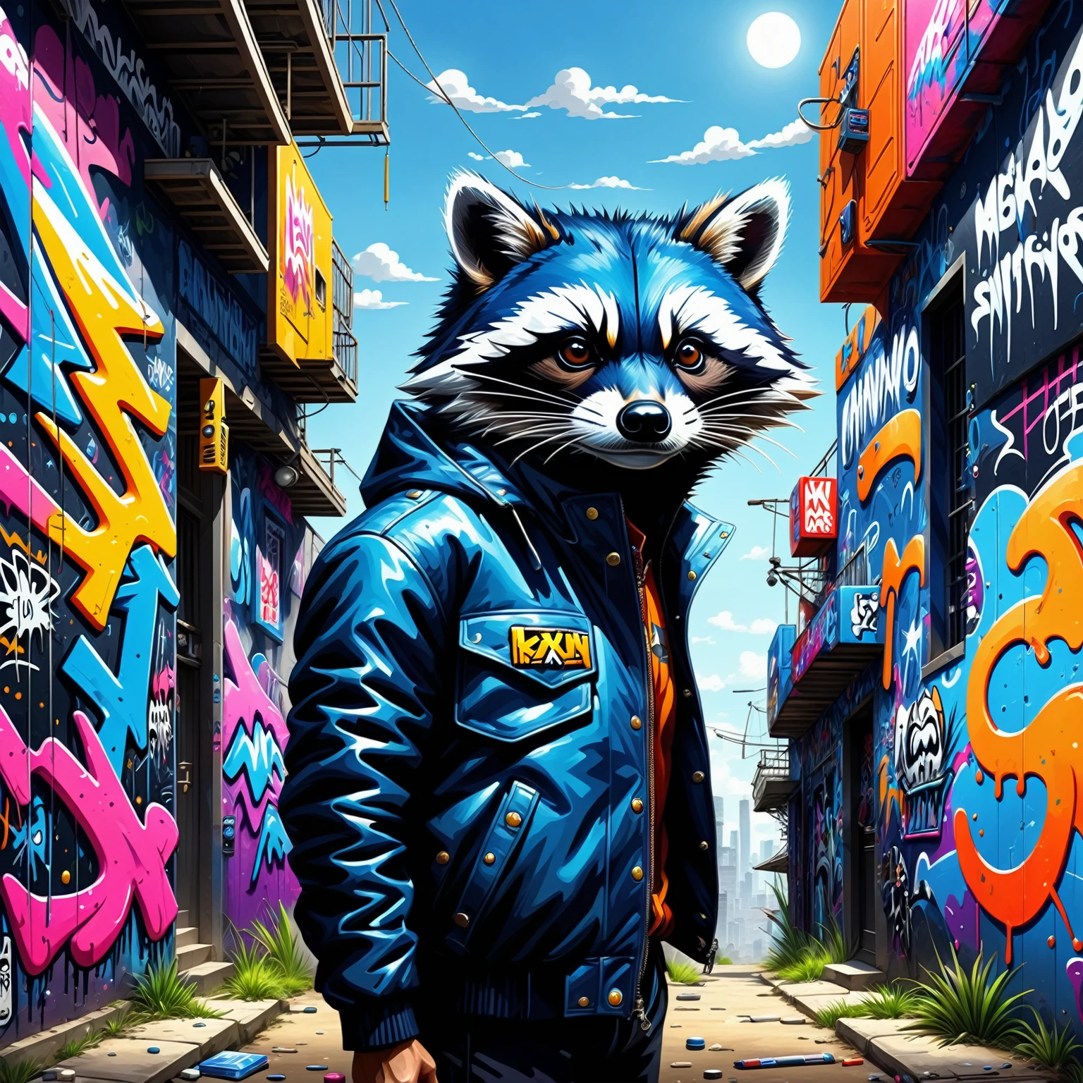 Ground Shot View , Graffiti Artist, Wearing a jacket , Realism style、beautiful photo, A ridiculous amount of detail, Spray paint, (Graffiti wall), Ultra-detailed art、Award-winning works, Impactful visuals, Outdoor artwork, Cinema Lighting, Artistic details, Dynamic Shadows ,Atmospheric influence, Graffiti Texture, High resolution, immersive environments, subtle color grading, Authentic atmosphere, Detailed Texture, Award-winning works, Masterpiece of Art, Trending on Art Station, High resolution, 超High resolution, 4K, By Eduardo Cobra.The motif of the background illustration is a raccoon with a mean look on its face.