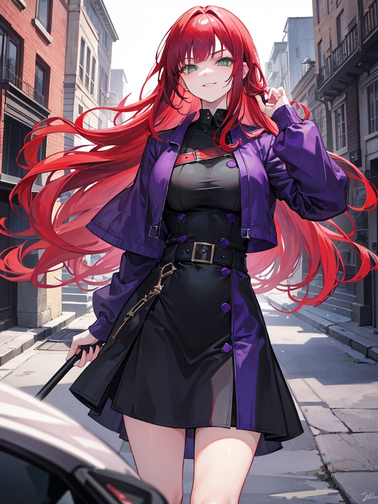 green eyes, red hair with long bangs, noble, mafia. sadistic women, wavy long hair. weaving black purple uniform. strong woman