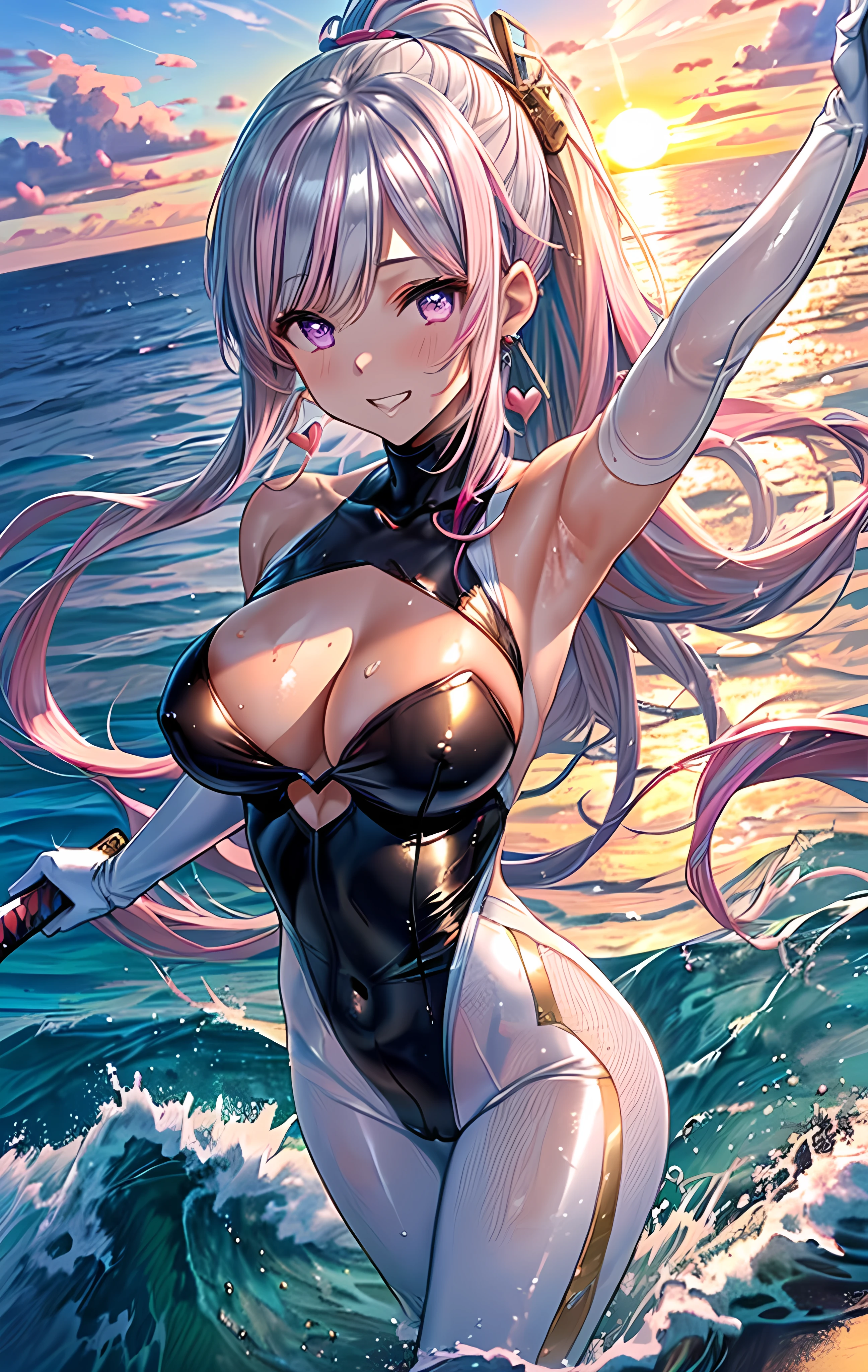 (masterpiece), (Highest quality), (High resolution, High Resolution), (Super detailed), ((ichinose honami:1.2)), 1girl, ((Shiny light silvery pink hair)), ((A slightly longer, fluffy side ponytail)), Loose, flowing bangs, ((Pink hair with a light silvery blue mesh)), multicolored hair, (Purple eyes:1.2), Large eyes, Beautiful Eyes, Detailed pupil, Earrings, Earrings, ((Detailed face)), (very cute expression), (A sloppy smile:1.2), (Open your mouth wide and grin mischievously), (((white Rubber Bodysuits gold and pink lines, White Bodysuits, Smooth white gloves designed to blend in with the skin:1.2))), (wearing only white Rubber Bodysuits gold and pink lines, Bodysuits), Wet with sweat, (tan skin:1.2),A lively 15-year-old gal, B86, W58,H85, Soft Breasts, Model Body Type, Very beautiful proportions, Gravure model photography, Depth of written boundary, (Perfect Anatomy), armpits, (Show your armpits), Tempting, (Heart effect:1.3), absurdes, (Vulva Shape), Close-up, (High neck), (Bare shoulders), (Sleeveless), The subject is surrounded by sea and sky, ((Beautiful ocean with the setting sun reflected on the waves)), (Walking on seawater), (horizon), (reflection), All around is sea and sky, (dynamic pose hand holding shining mechanical katana), (gripping shining mechanical katana in hand), (美しい海を背景に肌に密着したWhite Bodysuitsを着て左右の手に日本刀を装備して使うアニメの女の子), A goddess who uses two Japanese swords, perfect katana, (Maintain the subject's head-to-body ratio and screen ratio)