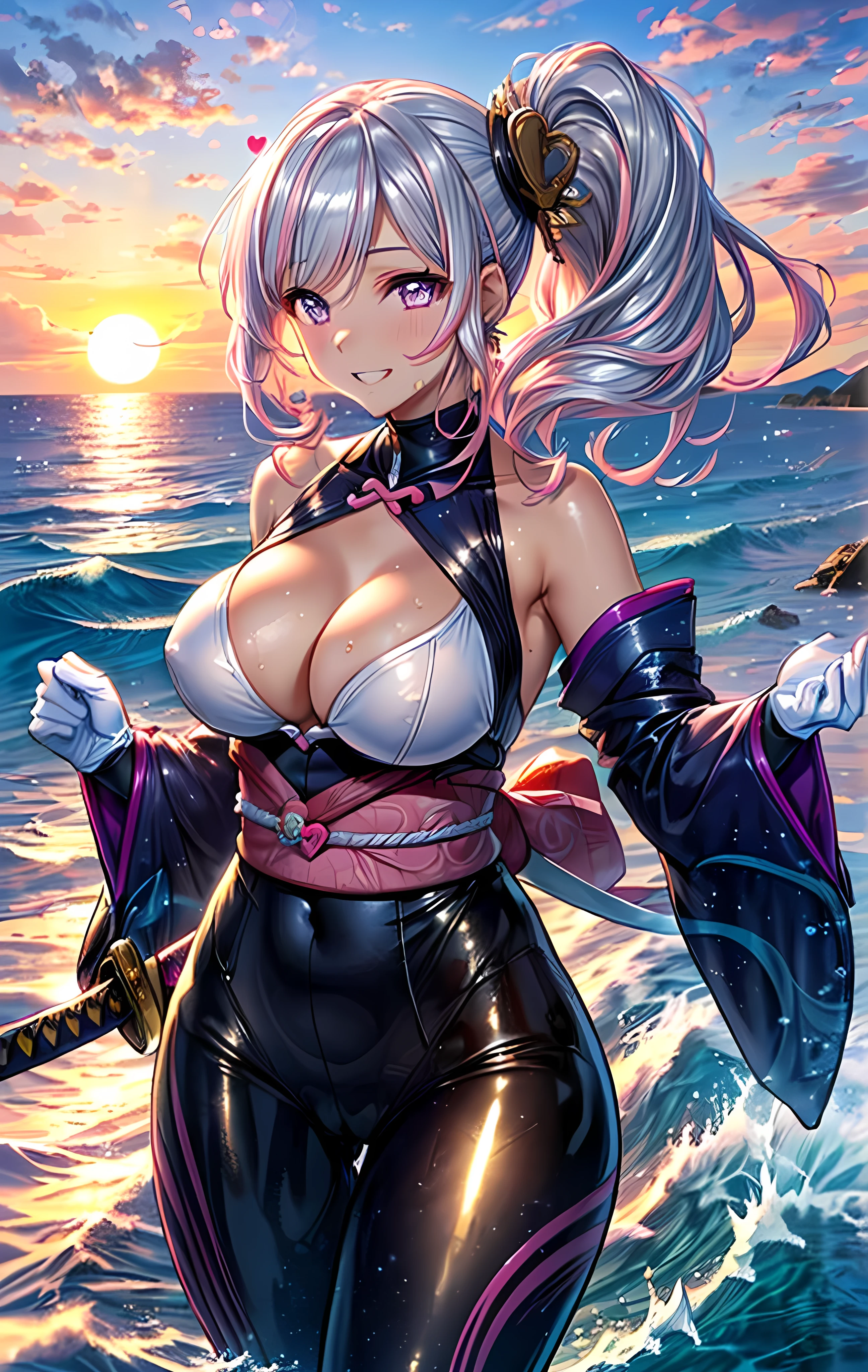 (masterpiece), (Highest quality), (High resolution, High Resolution), (Super detailed), ((ichinose honami:1.2)), 1girl, ((Shiny light silvery pink hair)), ((A slightly longer, fluffy side ponytail)), Loose, flowing bangs, ((Pink hair with a light silvery blue mesh)), multicolored hair, (Purple eyes:1.2), Large eyes, Beautiful Eyes, Detailed pupil, Earrings, Earrings, ((Detailed face)), (very cute expression), (A sloppy smile:1.2), (Open your mouth wide and grin mischievously), (((white Rubber Bodysuits gold and pink lines, White Bodysuits, Smooth white gloves designed to blend in with the skin:1.2))), (wearing only white Rubber Bodysuits gold and pink lines, Bodysuits), Wet with sweat, (tan skin:1.2),A lively 15-year-old gal, B86, W58,H85, Soft Breasts, Model Body Type, Very beautiful proportions, Gravure model photography, Depth of written boundary, (Perfect Anatomy), Tempting, (Heart effect:1.3), absurdes, (Vulva Shape), Close-up, (High neck), (Bare shoulders), (Sleeveless), The subject is surrounded by sea and sky, ((Beautiful ocean with the setting sun reflected on the waves)), (Walking on seawater), (horizon), (reflection), All around is sea and sky, (SWAW), (dynamic pose hand holding shining Japanese katana), (gripping shining Japanese katana in hand), (美しい海を背景に肌に密着したWhite Bodysuitsを着ているアニメの女の子), (A goddess holding one Japanese sword in each hand), (perfect katana), (Detailed Japan sword), (Maintain the subject's head-to-body ratio and screen ratio)
