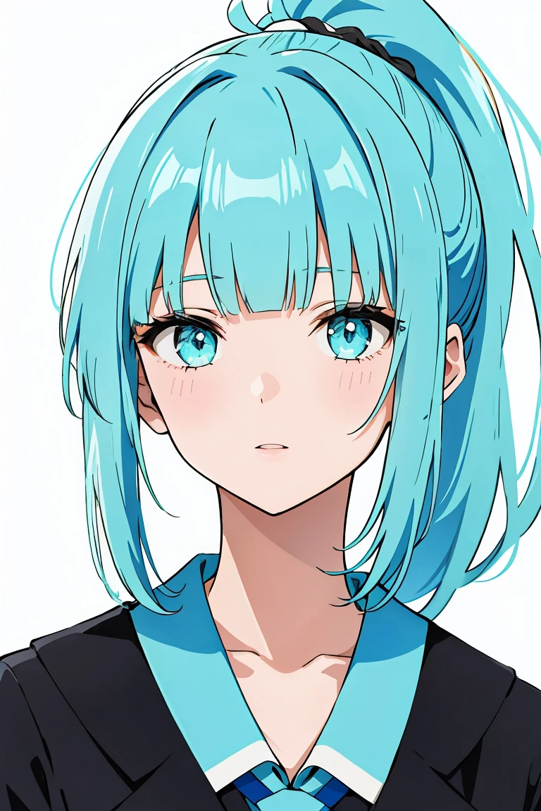 1girl, blunt bangs, ponytail, portrait, cyan hair