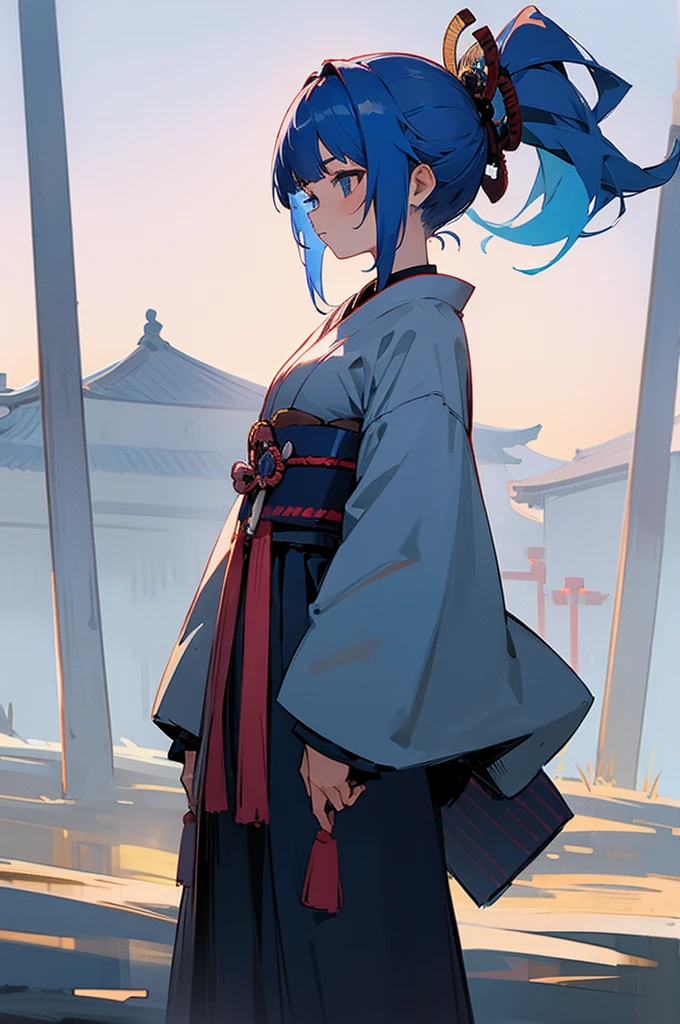 Teen , Female, samurai Clothing, Standing pose, Town background, Blue Hair