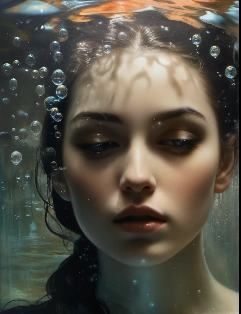 James Gurney, Surrealist art , dream-like, mysterious, Provocative, symbolic, Complex, detailed,, (Gothic but very beautiful:1.4), (masterpiece, Highest quality:1.4) , Nicola Samori Style, siren 、Water bubbles、Underwater、unicorn、Young and beautiful woman