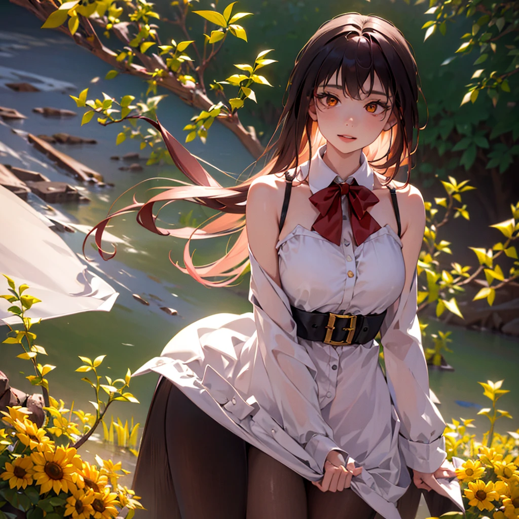 (best qualityer,4K,8K,high resolution,work of art:1.2),ultra detali,realisitic,portraite,Kizi,hair blonde,long hair,beautiful detailed eyes,beautiful detailed lips,White top,Red bow on neck,Short pink skirt,orange eyes,illustration style,swirly vibrant colors,warm hues,soft lighting,green garden background