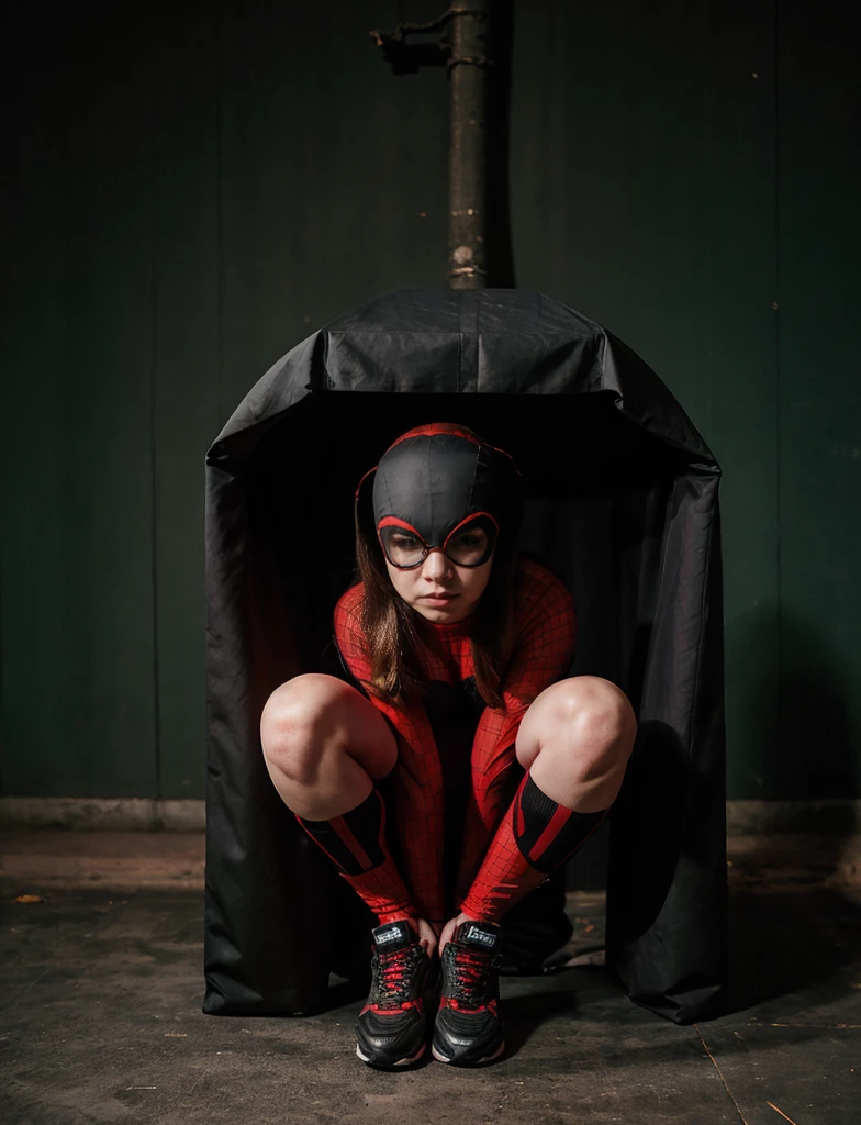 Sabrina Carpenter, squatting on a roof, wears a black form-fitting spider-man bodysuit with a sleek, wears a (red mask) that covers her head, leaving only her eyes and mouth exposed, (full body render), (full body view)