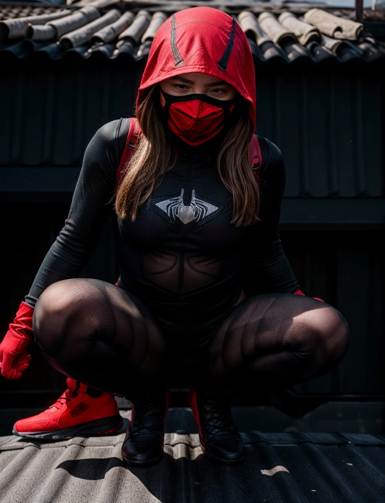 Sabrina Carpenter, squatting on a roof, wears a black form-fitting spider-man bodysuit with a sleek, wears a (red mask) that covers her head, leaving only her eyes and mouth exposed, (full body render), (full body view)