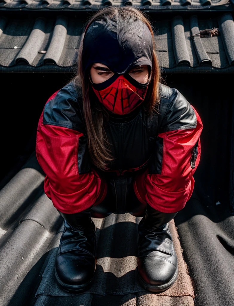 Sabrina Carpenter, squatting on a roof, wears a black form-fitting spider-man bodysuit with a sleek, wears a (red mask) that covers her head, leaving only her eyes and mouth exposed, (full body render), (full body view)