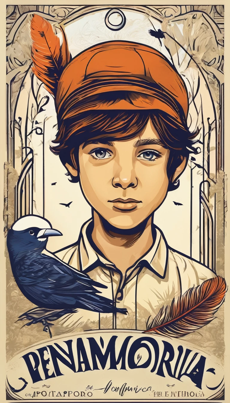 Design a logo that captures the magic of storytelling and the importance of memory, encapsulating the brand 'Penamemoria'. The logo should be simple, memorable, timeless, and versatile, working well in both print and digital formats. Should include the face of a boy and a bird feather