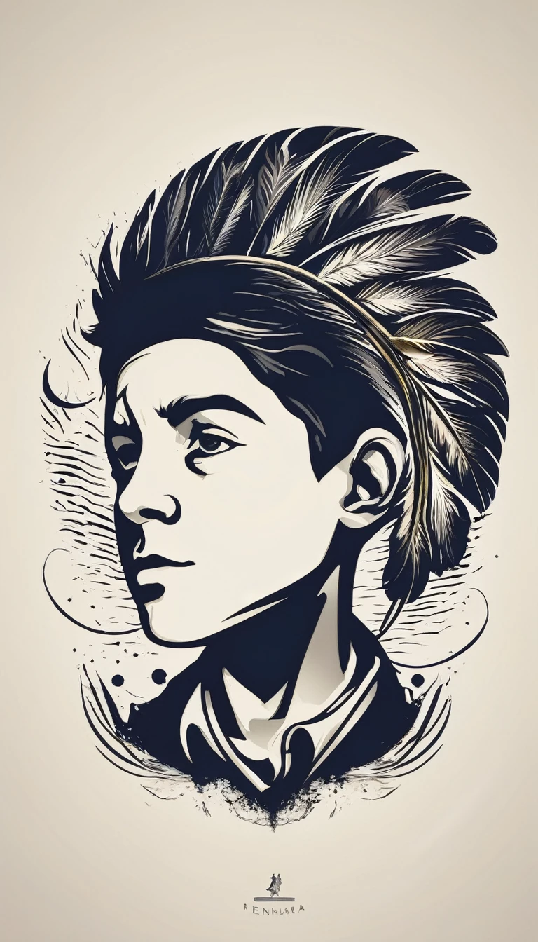 Design a logo that captures the magic of storytelling and the importance of memory, encapsulating the brand 'Penamemoria'. The logo should be simple, memorable, timeless, and versatile, working well in both print and digital formats. Should include the face of a boy and a bird feather