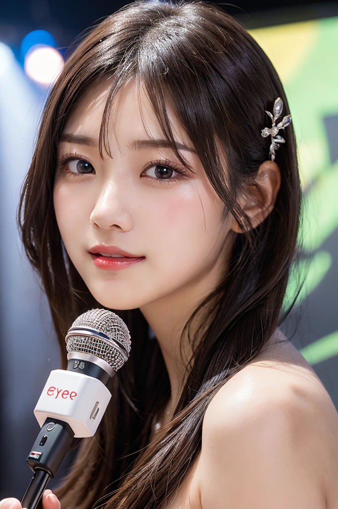 (masterpiece:1.3), high resolution, ultra detailed, extremely detailed CG unity 8k wallpaper, realistic, photo-realistic, RAW photo, beautiful detailed face, pale skin, realistic glistening skin, detailed cloth texture, detailed hair texture, Perfect body, Beautiful Face, accurate, Anatomically correct, Highly detailed face and skin texture, natural neck length, (beautiful hands), (fair skin:1.1), (well-aligned teeth:1.1), (Sweaty skin:1.2),
BREAK,
Detailed eyes, symmetric eyes, Light Brown eyes, Double eyelids, Thin eyebrows, (Glossy lips:1.4), ((A face with waiting for a kiss:1.2)), (blush:1.1), (A sparkling small hair accessory:1.1), (beautiful and cool smile:1.1), (having microphone:1.3),
BREAK,
(A classy and Cute idol:1.3), ((15-year-old:1.4)) (nude, nsfw, nipple:1.4),
BREAK,
medium large breasts, slender figure, firm abs,
((random hairstyle, black hair, bangs:1.2)), (cowboy shot:1.2), (looking at viewer), cowboy shot, From above,
BREAK,
(singing on stage:1.3),