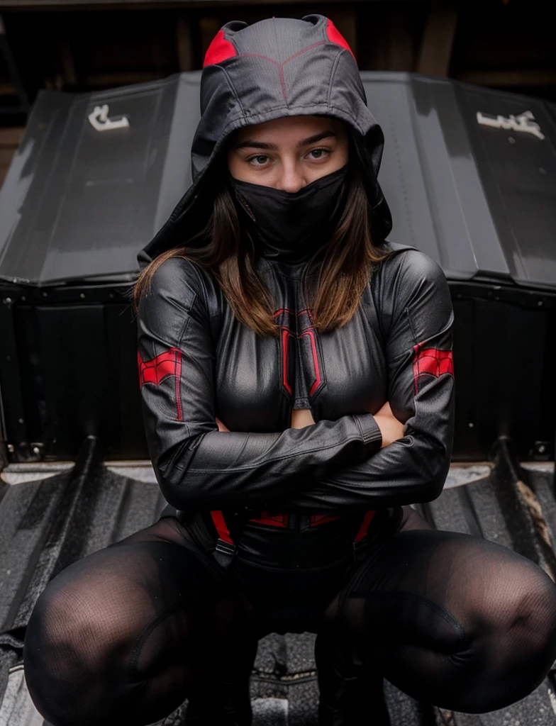 Sabrina Carpenter, squatting on a roof, wears a black form-fitting spider-man bodysuit with a sleek, wears a (red mask) that covers her head, leaving only her eyes and mouth exposed, (full body render), (full body view)